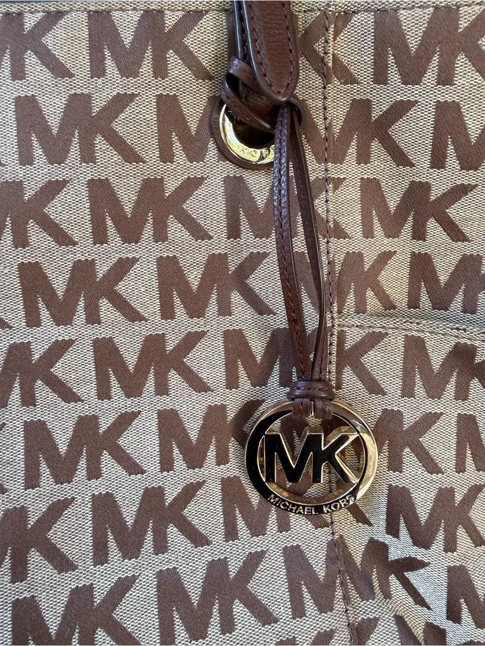 Michael Kors Tan and Brown MK Logo Canvas Tote